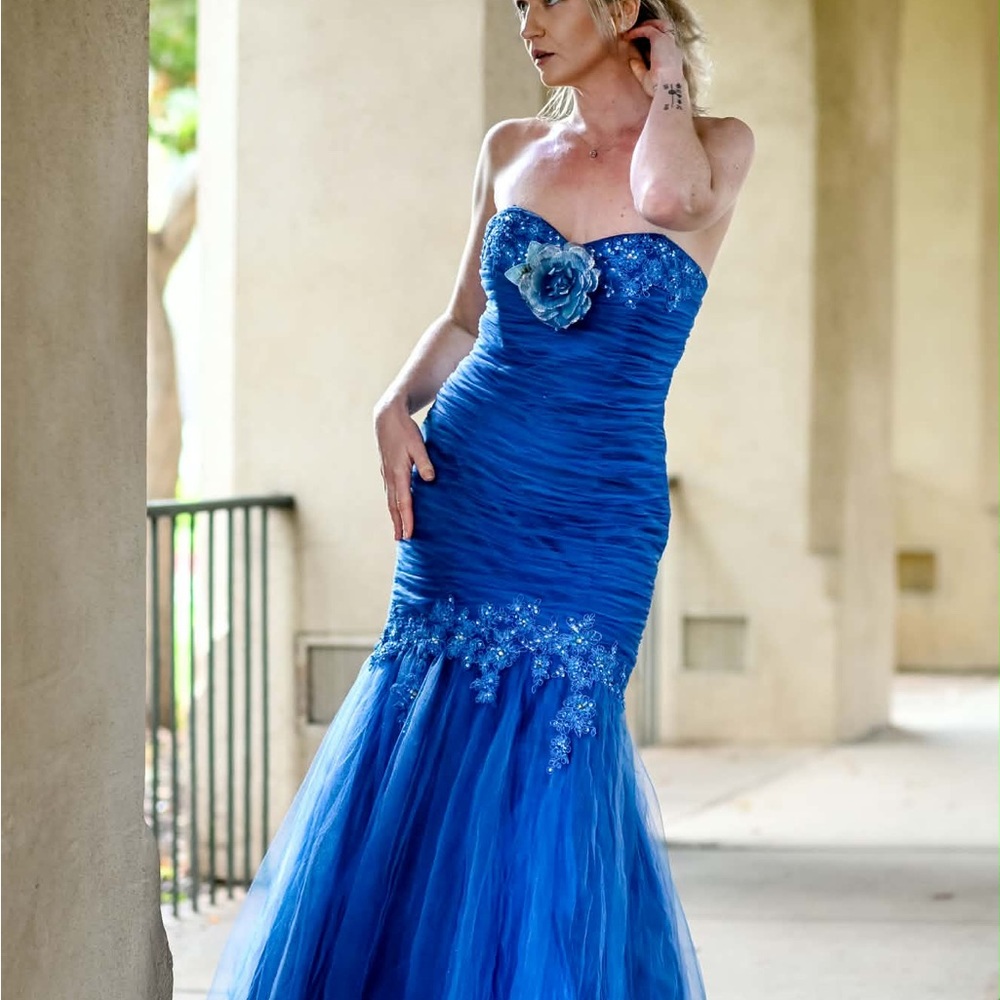Strapless Cobalt Blue Mermaid Evening Gown with Floral Accent